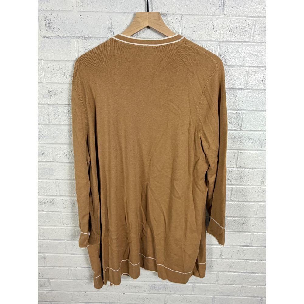 Talbots Open Front Cardigan Womens 3XP Brown White Trim Knit Pocket Stretch - Picture 2 of 9